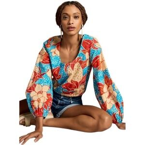 FARM Rio Puff Sleeve Bubble Blouse Floral Swiss Dot Top S
